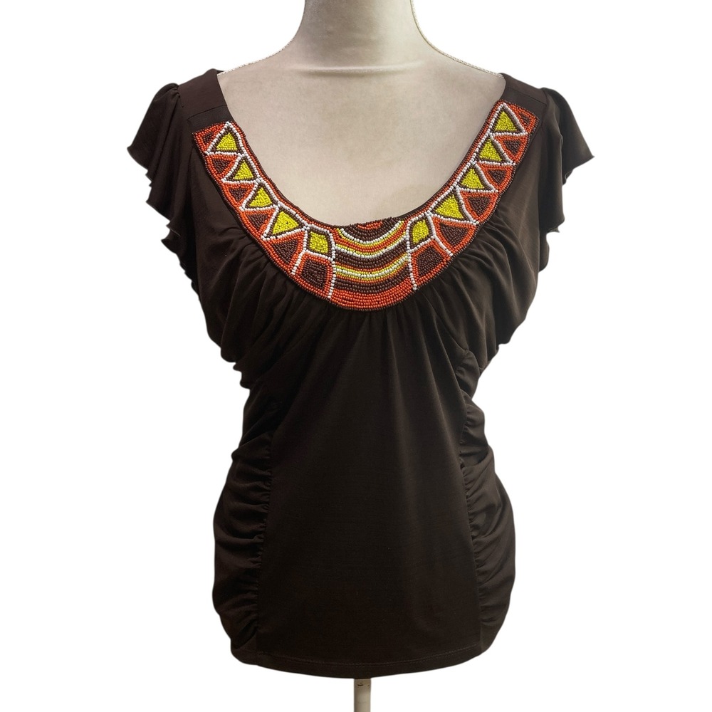 AB Studio Womens XL Brown Beaded Neck Ruffle Sleeve Blouse Top‎